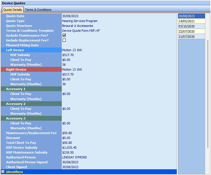 Device Quotes Window